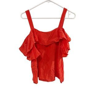 J. Crew 100% Silk Red Cold Shoulder Ruffle Short Sleeve Blouse Top Size 4